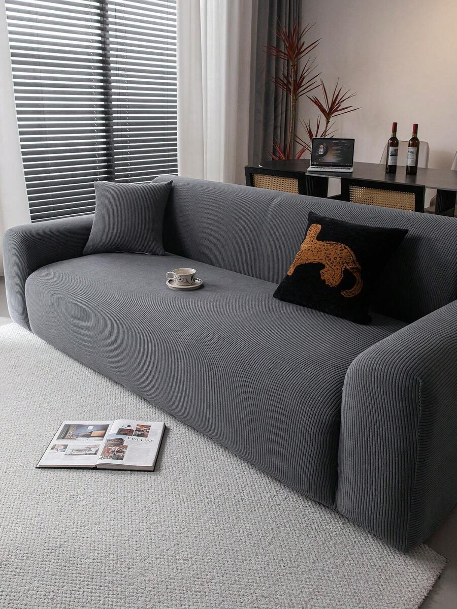 1pc Simple Straight Line Sofa Cover, Anti-Cat Scratch Sofa Slipcover, Dust-Proof Sofa Pad, Simple Dust-Proof Cloth Backrest Sofa Cover, Anti-Slip, Anti-Cat Scratch, Protect Sofa For All Seasons - Dark Grey - View 1