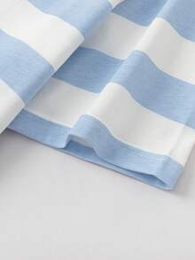 Balabala Young Boy Soft Fabric Cartoon Smiley Face Striped Print Round Neck Short Sleeve Casual T-Shirt, Loose Fit - White and Blue - View 8