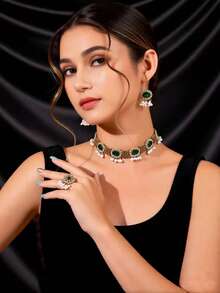 4pcs/Set European & American Vintage Palace Style Women Jewelry Set: 1pc Sapphire Crystal Glass Faux Pearl Tassel Pendant Necklace, 1 Pair Earrings, 1pc Rhinestone Ring - Jewelry Set - View 11