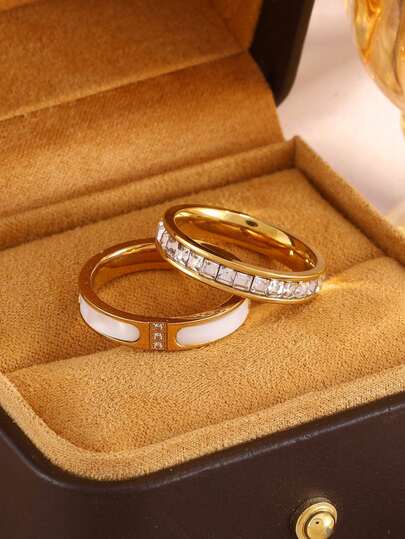 2 piezas Juego de anillos de acero inoxidable plateado con esmalte blanco y incrustaciones de circonita cúbica - Perfecto para uso diario, oficina, fiesta, cita, aniversario y regalo de boda para mujeres y niñas