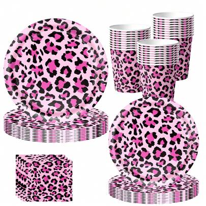 Bộ đồ dùng tiệc in hình báo đốm 10 món, bộ đồ ăn dùng một lần chủ đề báo đốm màu hồng, đĩa 7"/9", cốc 9oz, khăn ăn in hình báo đốm, trang trí tiệc sinh nhật chủ đề động vật hoang dã.
