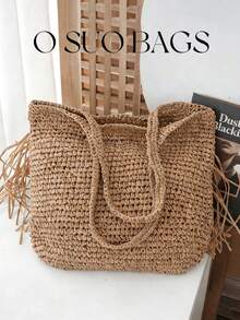 1pc Fashionable Casual Vacation Style Large Capacity Solid Color Hollow Paper Woven Tote Bag, With Big Tassel, Lightweight Foldable, Dual Handles, Women Paper Woven Beach Bag, Suitable For Vacation, Daily Commute, Shopping With Friends, Matches Well With Fashionable Outfits - Multicolor - View 5