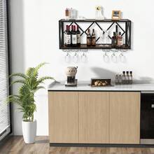COSTWAY Wall Mounted Wine Rack, Wine Display Shelf W/ Wine Bottle Rack & 6 Rows Of Stemware Holder, Wine Storage Rack For 39 Bottles & 12 Glasses, Suitable For Kitchen, Living Room, Dining Room, Brown - Brown - View 2