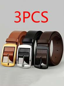 3pcs Men's Fashionable PU Leather Belt, Simple And Retro Design Smooth Buckle Belt For Men Daily Life - 3pcs (black + Brown + Khaki) - View 4