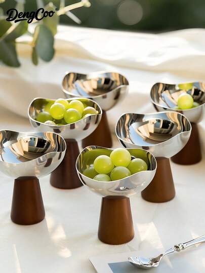 Dengcoo Bộ 1/2/3 món bát tráng miệng bằng thép không gỉ, cốc tráng miệng đáy gỗ, bát có vành không đối xứng, cốc tráng miệng ren, khay kem, đĩa hình lá chà là, bát ăn nhẹ sáng tạo, bát kem, bát đựng tráng miệng, thích hợp cho gia đình, quán cà phê, cửa hàng tráng miệng và quà tặng Ramadan.