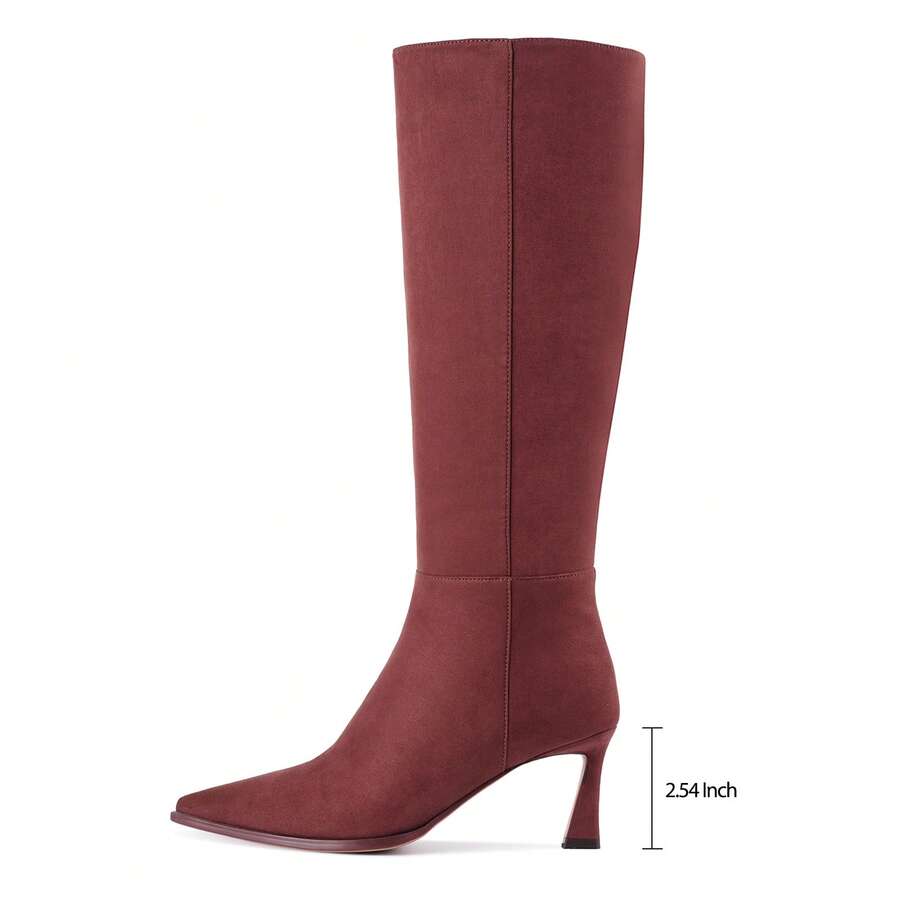 GOTHICTOR Women's Burgundy Knee High Boots Kitten Heel Stiletto Pointed Toe Faux Suede Long Boots Side Zipper Chic Low Heel Tall Boots - 酒紅色 - 查看 1