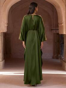 Luxury Pink Embellished Long Sleeve Kaftan Robe, Elegant Middle Eastern Style, Arabic Women Long Robe, Abaya, Modest And Graceful - Army Green - View 2