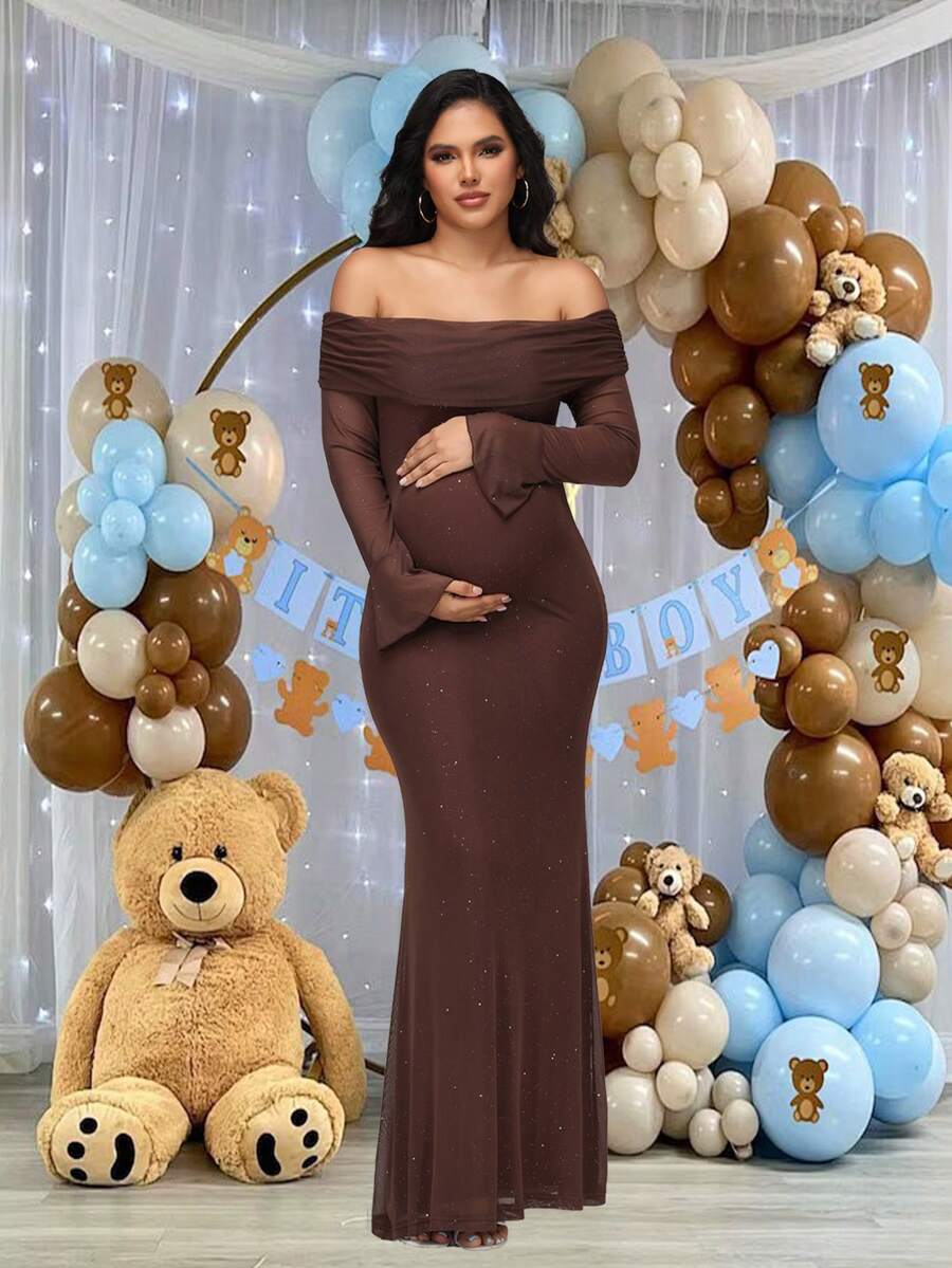 JustVH Pregnant Women's Elegant Off-Shoulder Sequin Mesh Maxi Dress, Flare Sleeves, Suitable For Christmas, Baby Shower, Photography And Other Occasions - Brown - View 1