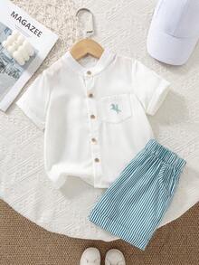 Boys' Summer Short Sleeve Collared Shirt Set, Polyester, Casual Daily Wear, Comfortable & Fashionable For School & Various Occasions - Multicolor - View 4