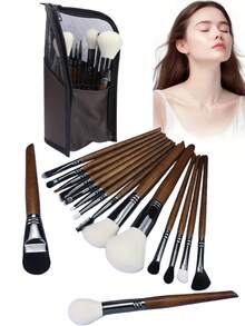16pcs Premium Animal Hair Makeup Brushes Set With PU Pouch, Includes Powder Brush, Contour Brush, Blush Brush, Face Mask Brush, Fan Highlighter Brush, Concealer Brush, Highlighter Brush, Large Eyeshadow Blending Brush, Detail Blending Brush, Angled Eyeshadow Brush, Small Detail Brush, Large Eyeshadow Brush, Lip Brush. Chosen Skincare Tools, Selected Premium Soft Fibers Won't Irritate Skin - Redwood - View 1
