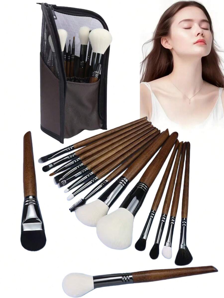 16pcs Premium Animal Hair Makeup Brushes Set With PU Pouch, Includes Powder Brush, Contour Brush, Blush Brush, Face Mask Brush, Fan Highlighter Brush, Concealer Brush, Highlighter Brush, Large Eyeshadow Blending Brush, Detail Blending Brush, Angled Eyeshadow Brush, Small Detail Brush, Large Eyeshadow Brush, Lip Brush. Chosen Skincare Tools, Selected Premium Soft Fibers Won't Irritate Skin - Redwood - View 1