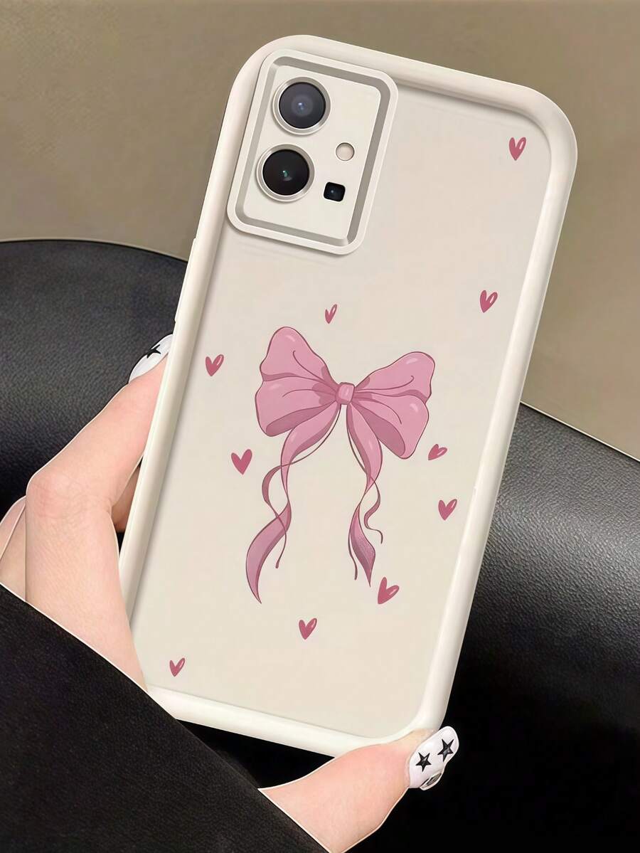 1pc Gradient Frame Dopamine Frosted Cute Pink Heart + Bow Tie Full Coverage Shockproof Phone Case, Minimalist Design, Soft Cartoon Style, Perfect Protection For Honor X7/Galaxy A56 5G/Infinix Smart 8/Infinix Hot 40/Transsion Spark 30C/Spark Go 2024/Redmi Note 14 5G/ Moto E22/E22i/OPPO A54 - White - View 1