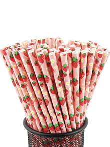 100/50/25pcs Strawberry Patterned Paper Straws, Disposable Drinking Straws, Suitable For Girls' Birthday Party, Baby Shower, Summer Berry Theme, 1st Birthday Party Supplies - Multicolor - View 1