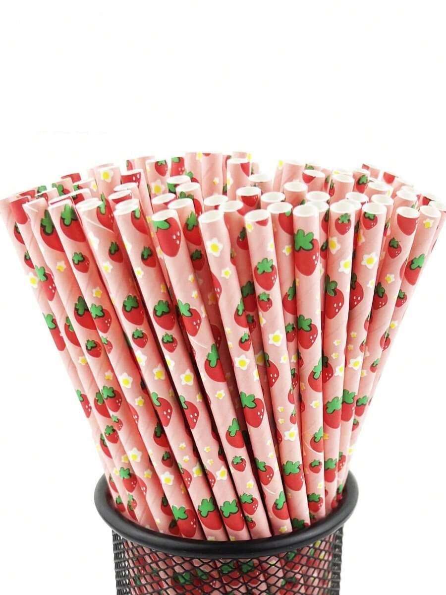 100/50/25pcs Strawberry Patterned Paper Straws, Disposable Drinking Straws, Suitable For Girls' Birthday Party, Baby Shower, Summer Berry Theme, 1st Birthday Party Supplies - Multicolor - View 1