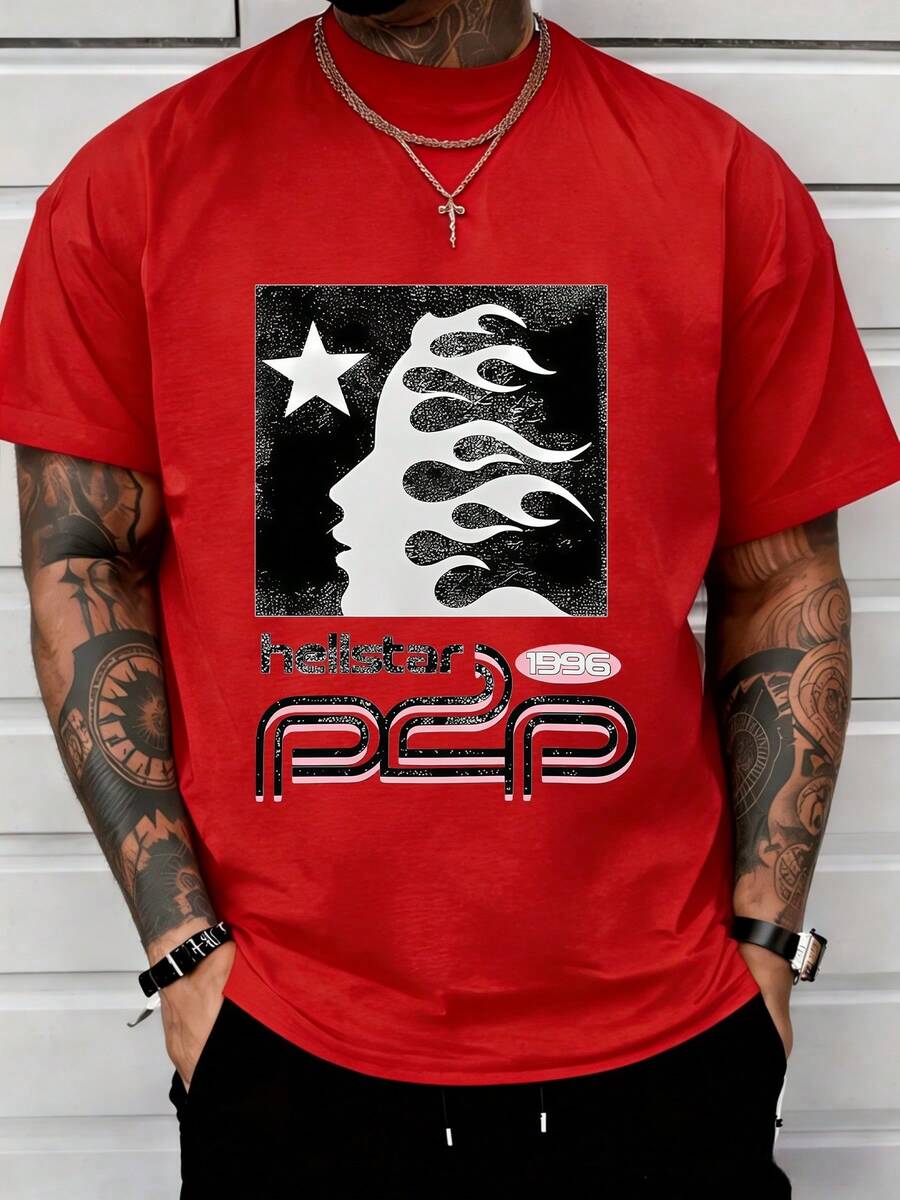 1pcs Men's Tops 220g Star Flame Face Graphic Tee Women Streetwear 100% Cotton Y2K Swag Men Clothes Graphic Printed T Shirt Valentine's Day Gifts For Men Summer Casual Tee - Red - View 1