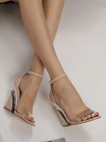 透明水晶楔形跟女鞋，具有鉻電鍍踝帶 - 杏色 - 查看 5