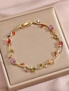 Fashionable Luxury Copper Plated 24K Gold Zirconia Leaf Bracelet, High-Quality Delicate Fully Paved Bracelet, Popular Cross-Border Seller