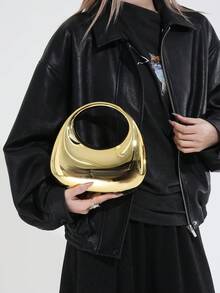 大号亚克力新月形手提包，时尚百搭链条单肩斜挎包，手机袋，耳机盒，情人节、生日、周年纪念日礼物 - 金色 - 查看 2