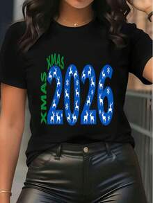 Damska koszulka z krótkim rękawem i grafiką świąteczną z 2026 r. z nadrukiem świątecznym i wzorem płatka śniegu w renifery, luźna koszulka z okrągłym dekoltem na imprezę świąteczną, do codziennego noszenia - Czarne - Zobacz 6