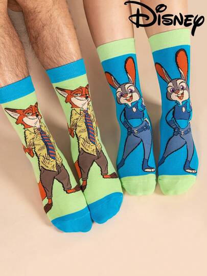  2/1 Pair Disney Zootopia Pattern Men's Crew Socks, Cute Cartoon Unique Disney Men's Socks With Nick Wilde Design, Odor-Resistant Breathable Casual Versatile Sports Crew Socks With Cartoon Pattern, Suitable For Students/Adults As Gifts And Daily Use, Couple Matching