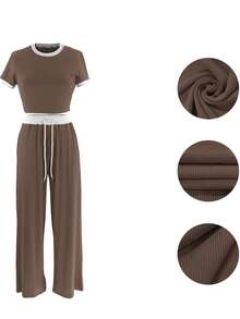 2 piezas Conjunto de top de manga corta de cuello redondo y pantalones de estilo casual y elegante de verano con contraste de color acanalado - Caqui - Ver 5
