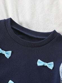 2件套女童可爱蝴蝶结二合一泡泡袖上衣和休闲蓝色喇叭裤套装，夏季 - 藍色 - 查看 3