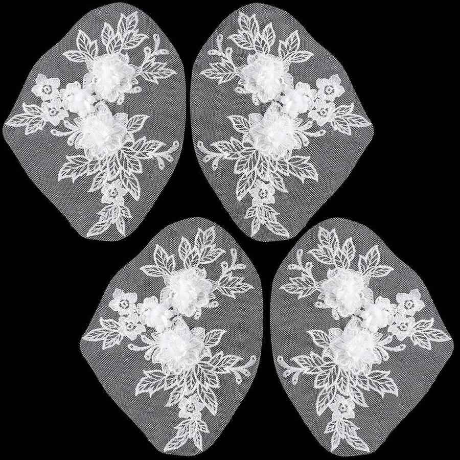 [Free Shipping]4Pcs 3D White Flower Lace Applique Polyester Floral Embroidery Appliques Vintage Embroidered Soild Sew On Tulle Patches For Sewing MaFKing Crafts Dress Wedding Party Shirt Skirts Bags Supply - White - 查看 1