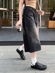 Casual Loose Retro Wide Leg Straight 7/8 Length Denim Shorts - Dark Grey - View 2