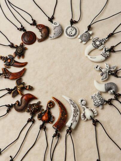 10Pcs/Lot Vintage Cool Animal Resin Men Women Necklaces Turtle Elephant Bull Horn Koi Random Styles Gifts For Friends Nightclub Bar Party Travel Motorcycle Hobby Daily Wearing Accessories