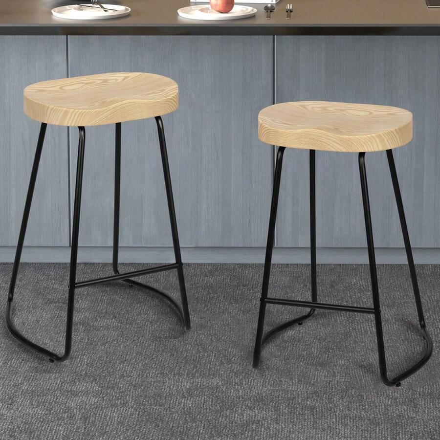 ALFORDSON 2x Taburetes de Bar 65cm Silla de Cocina de Madera Vintage Estilo Tractor - Color madera clara - Ver 1