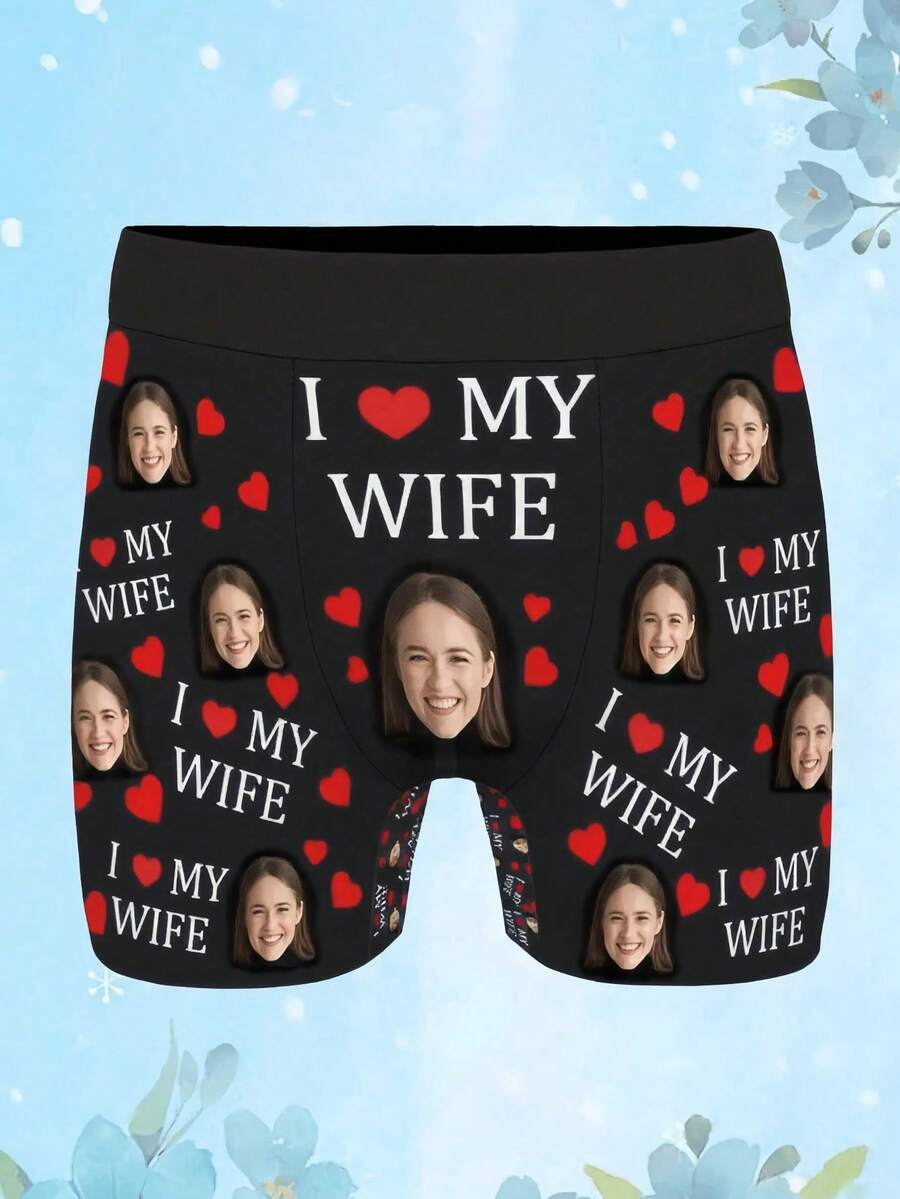1pc Customized "I Love My Wife" & Explosive Photo Print Men's Underwear, Casual Boxer Briefs, Breathable Stretchy Boxer Shorts As Husband/Boyfriend Holiday/Valentine's Day Gift - Black - View 1