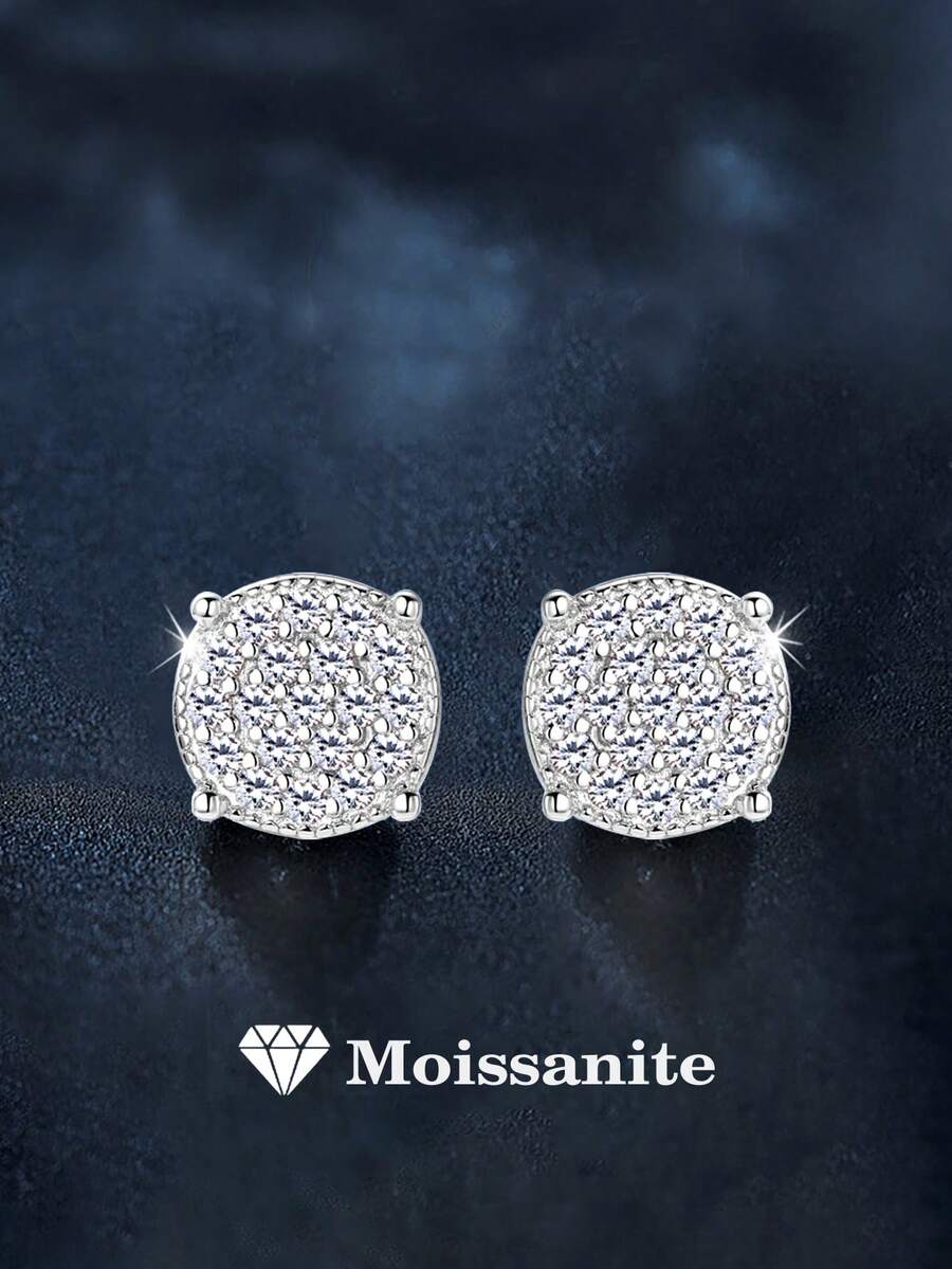 2pcs Fashionable Luxury 925 Sterling Silver 0.7 Carat Total Moissanite Stud Earrings, Suitable For Women's Daily Wear, Party, Mother's Day, Wedding Anniversary, Birthday, Shiny Jewelry Gift - EH0083M - View 1