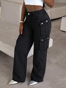 Damen High-Waist Straight Leg Jeans mit Taschen - klassisch Washed, bequeme Passform für den Alltag - Schwarz - Übersicht 4