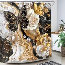 Duschvorhang mit schwarz-goldener Marmorstruktur, Schmetterling Rose Blumen Perle abstrakte moderne Aquarellstruktur, elegantes fließendes goldenes ästhetisches wasserdichtes Polyestergewebe, perfekt für Badezimmer, Badewanne, Dekoration, Zuhause, Hotel, Resort, Geschenke - Verschiedenfarbig - Übersicht 2