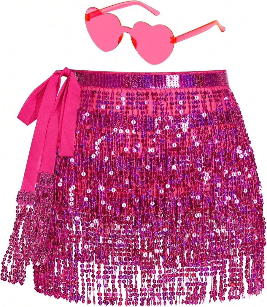 Sequin Belly Dance Scarf Tassel Wrap Sparkly Fringe Skirt With Pair Heart Party Rave Costume Women - 玫紅色 - 查看 1