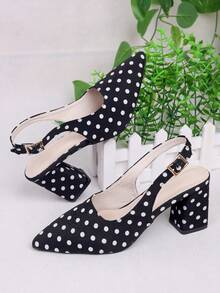 1 Pair Women's Polka Dot Party Chunky Heels, Fashionable Versatile Elegant High Heels, French Office Wear Pointed Toe Thick Heel Pumps, Spring/Summer - Black - View 3