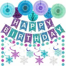 17 Pcs Winter Wonderland Drations Kit, Blue Purple Teal Hanging Snowflake Ornamen, Happy Birthday Banner, Paper Fans, Pompoms Set For Girls 1st 2nd 3rd 4th 5th Frozen Themed Birthday Supplies - 杏色 - 查看 1