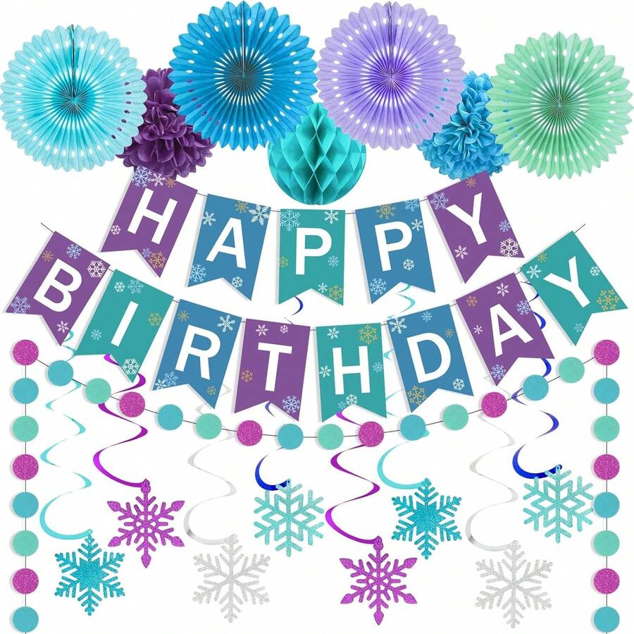 17 Pcs Winter Wonderland Drations Kit, Blue Purple Teal Hanging Snowflake Ornamen, Happy Birthday Banner, Paper Fans, Pompoms Set For Girls 1st 2nd 3rd 4th 5th Frozen Themed Birthday Supplies - 杏色 - 查看 1