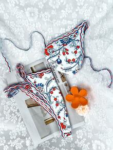 26SS Damen 2-teiliges Bikini-Set mit Blume Muster, gerüschter Neckholder-Ausschnitt & Kreuz-Rückendesign, geeignet für Strand, Pool-Party, Urlaub, Sommer - Verschiedenfarbig - Übersicht 8