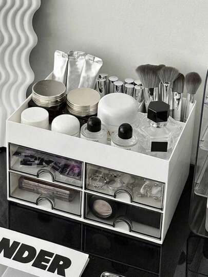 Multi-Functional Cosmetic Storage Box, White Makeup Organizer Rack, Bathroom Shelf, Pen Holder, Home Decor. Suitable For Storing Cosmetics, Stationery, Lipstick, Nail Polish, Ruler, Perfume, Watch, Hair Clips, Etc. Ideal For Office, Study, Dorm, Vacation, Beach, Bathroom, Bedroom And More.,Room Décor ,Makeup Bag