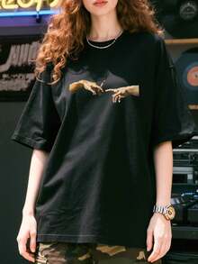 420 The Creation Of Adam Michelangelo  Joint Vintage T-Shirt- Unisex Women& MenDaily Wear-Unisex Women & Men's Campus Daily Wear - 黑色 - 查看 7