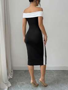 Women's Fashionable Elegant Contrast Color Fitted Midi Dress, Short Sleeve Pencil Dress Design, Suitable For Party Wear Summer - Multicolor - View 6