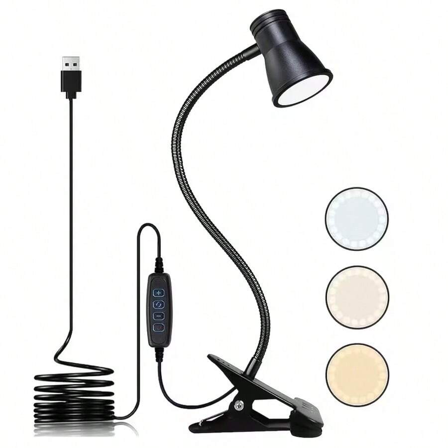 1 Piece LED Clip-On Table Lamp With Horn-Type Neck, Adjustable Neck, USB, Clip-On Lamp For Cabinet, Desk, Bedside Or Book, For Work, Reading, Crafts, Computer, Video Conferencing, Black - A - 查看 1