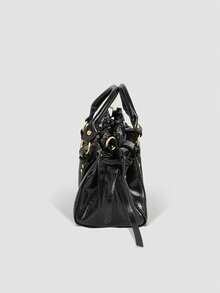 Medium Size Black Vintage Pleated Handbag, French Chic Rivet Sweet & Cool Design Commuter Bag, Suitable For Women, Students, Office Workers. Suitable For Daily Commute, Shopping, School, Travel - Black - View 5