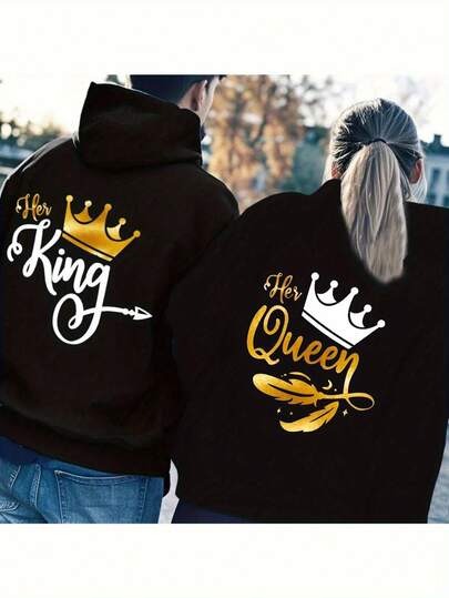 Chaquetas casuales de moda para parejas, diseño de estampado de corona de rey y reina, cuello con capucha y cremallera de bolsillo canguro, fibra de poliéster lavable a máquina, se puede regalar, adecuada para parejas, para salir a fiestas y festivales, etc.