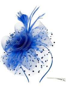 1 pieza Tocado de mujer con flor de malla de color azul real con diadema y pinza para el cabello, adecuado para bodas, fiestas de té, Kentucky Derby y otras ocasiones, se puede usar como sombrero, regalo, accesorio para el cabello, elegante y único, también adecuado para festivales, fiestas rave, galas - azul real - Ver 4