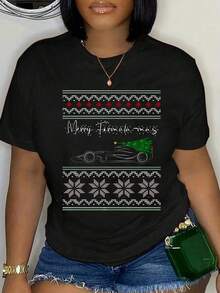 100% Cotton Merry Formula Mas Car Christmas Pattern T-Shirt Round Neck Short Sleeve Streetwear Fashion Breathable Homme Soft Unisex - 黑色 - 查看 1