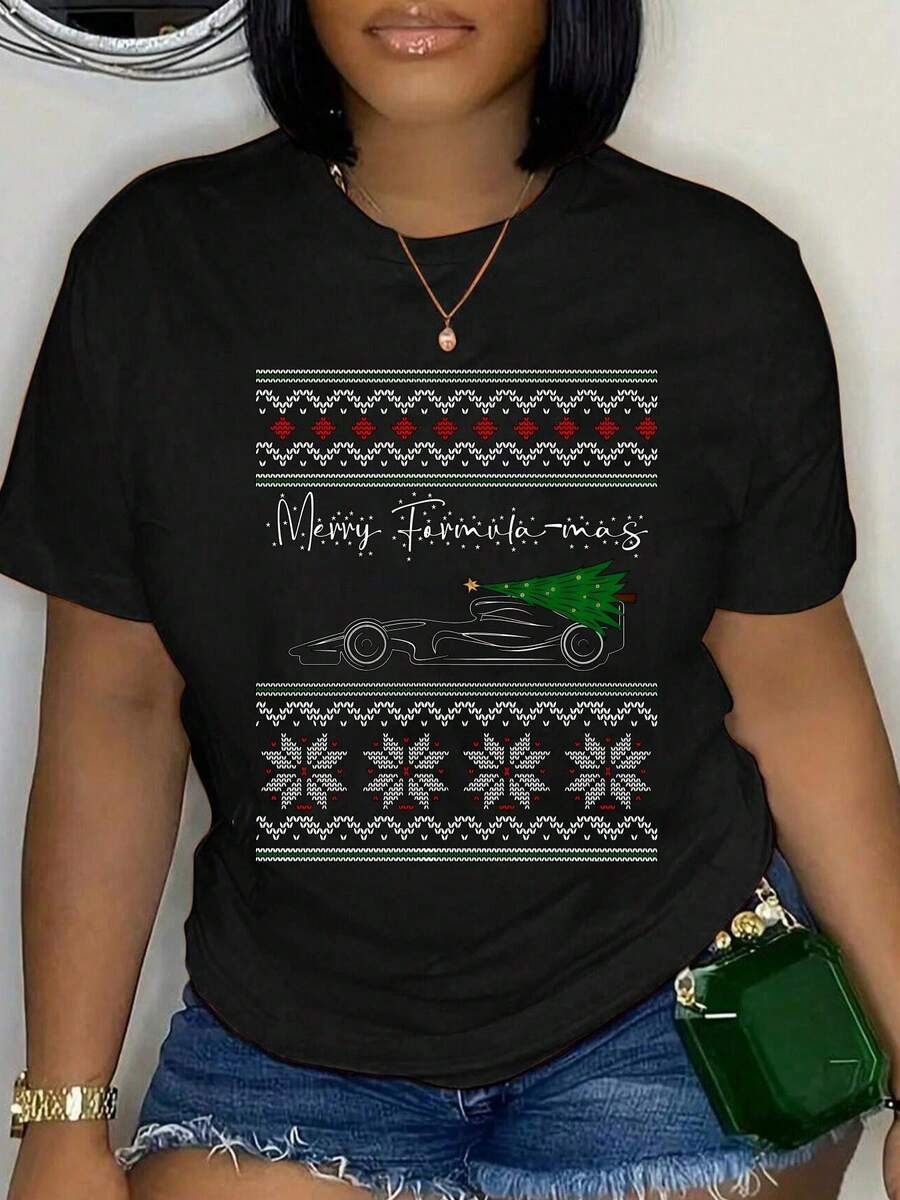 100% Cotton Merry Formula Mas Car Christmas Pattern T-Shirt Round Neck Short Sleeve Streetwear Fashion Breathable Homme Soft Unisex - 黑色 - 查看 1
