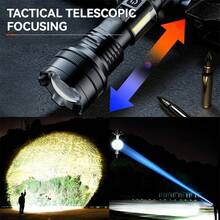 1pc High Power LED Flashlight, USB Rechargeable, Adjustable Zoom, Side COB Tactical Flashlight With Spotlight - Black - View 2