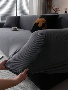 1pc Simple Straight Line Sofa Cover, Anti-Cat Scratch Sofa Slipcover, Dust-Proof Sofa Pad, Simple Dust-Proof Cloth Backrest Sofa Cover, Anti-Slip, Anti-Cat Scratch, Protect Sofa For All Seasons - Dark Grey - View 5